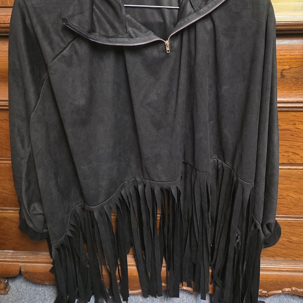 Black Fringe Hooded Cape Jacket - Women